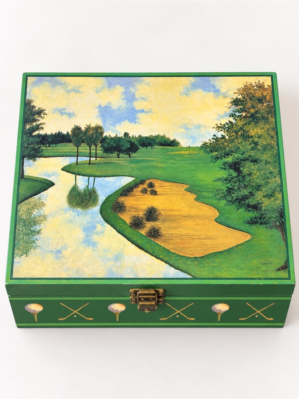 Vintage Golf Course Keepsake Box Green Felt Lined 11x9 Golf Decor